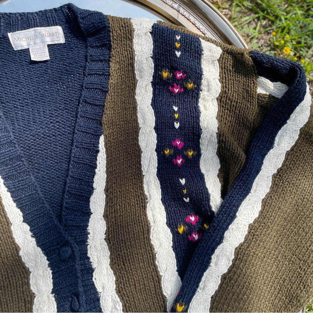 Vintage Michelle Stuart Cardigan Sweater Striped & Floral Detail V-Neck Size M